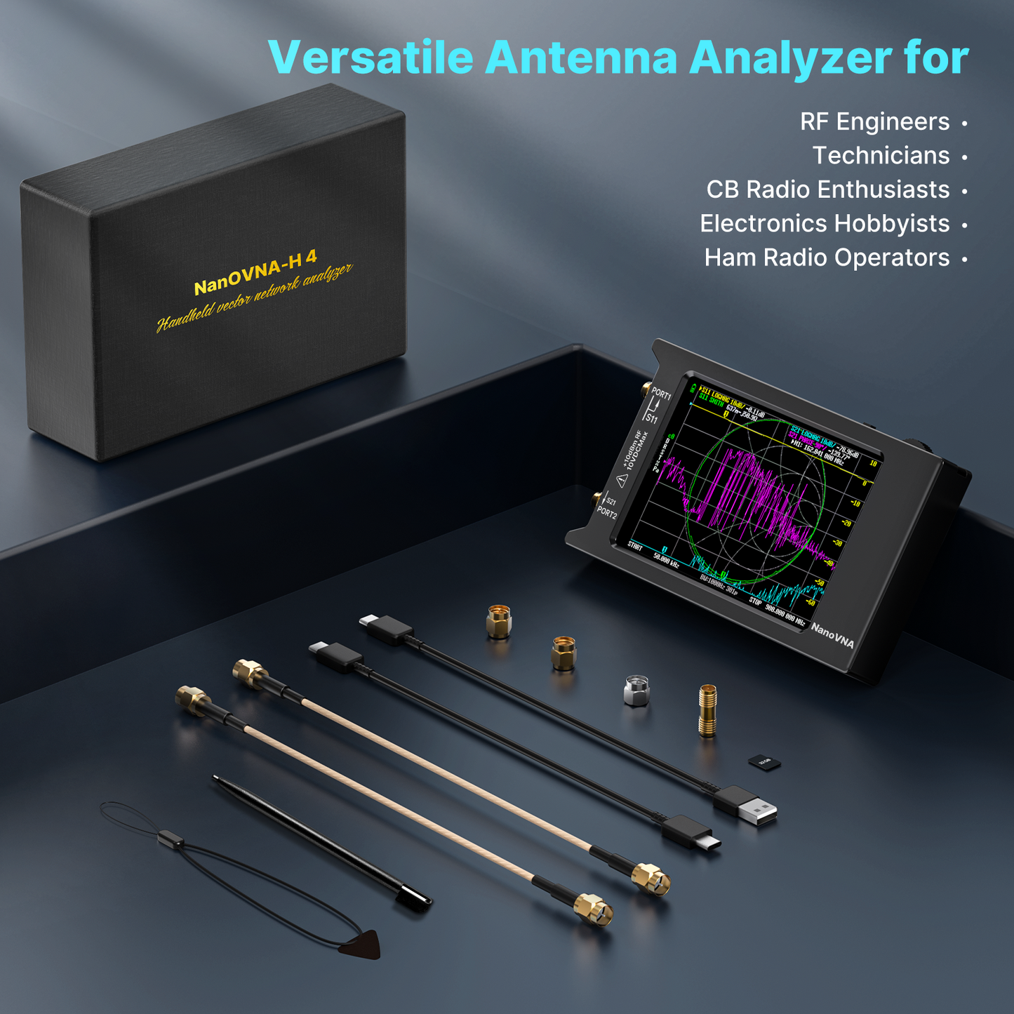 AURSINC NanoVNA-H4 Vector Network Analyzer with 32GB Card, Latest V4.4 9KHz-1.5GHz 4" Touchscreen Nano VNA Antenna Analyzer Ham Radio, HF VHF UHF Measuring S Parameters, SWR, Phase, Delay, Smith Chart