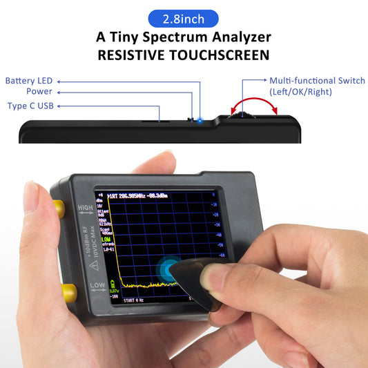 Portable Tinysa Spectrum Analyzer, AURSINC V0.3.1 Handheld Frequency Analyzer, Signal Generator 100kHz to 960MHz MF/HF/VHF UHF Input ESD Protected Function with 2.8 inch Touchscreen