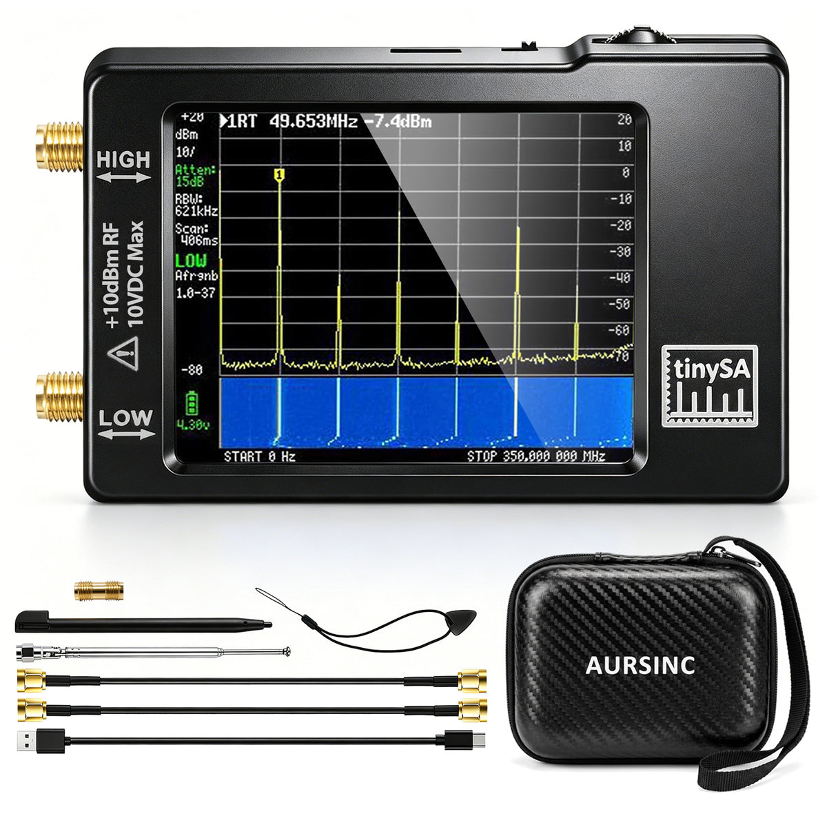 AURSINC Portable TinySA Spectrum Analyzer with 2.8" EVA Storage Case 2.8‑inch Display, 100kHz‑960MHz Frequency Range, Portable EVA Storage Bag Safeguards Unit & Accessories
