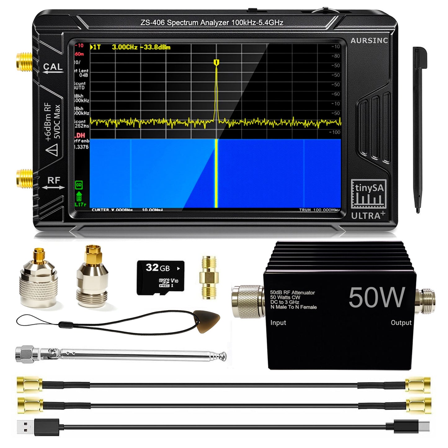 AURSINC TinySA Ultra+ ZS406 Spectrum Analyzer with 50W Attenuator, 2025 Upgraded 100kHz-5.4GHz V0.4.6 Portable Frequency Analyzer with 32Gb Card, 2-in-1 Signal Generator 100kHz to 900MHz Input