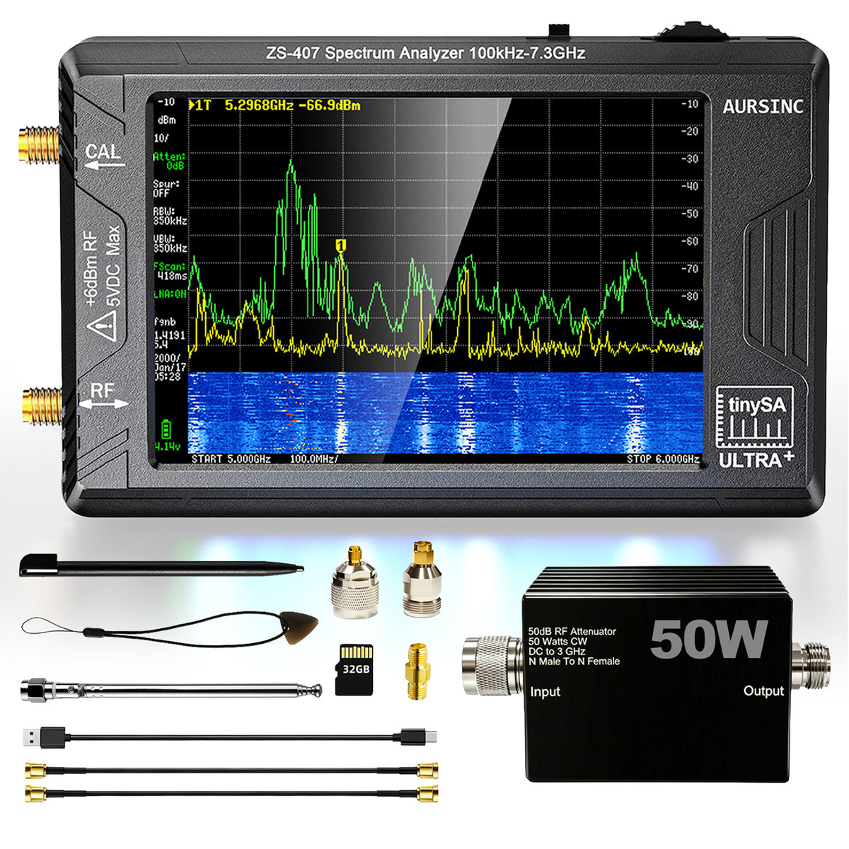 AURSINC TinySA Ultra+ ZS407 7.3GHz Spectrum Analyzer with 50W RF Attenuator, N-Type Attenuator, DC-3GHz 50dB