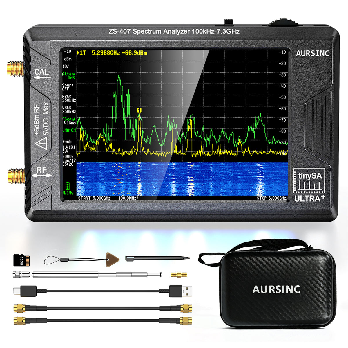 AURSINC Tinysa Ultra+ ZS407 7.3GHz Spectrum Analyzer Bundle with Hard Case, 100kHz-7.3GHz, 2-in-1 RF Signal Generator, 4" Touchscreen with Shockproof EVA Case for Field RF Testing, 5000mAh battery