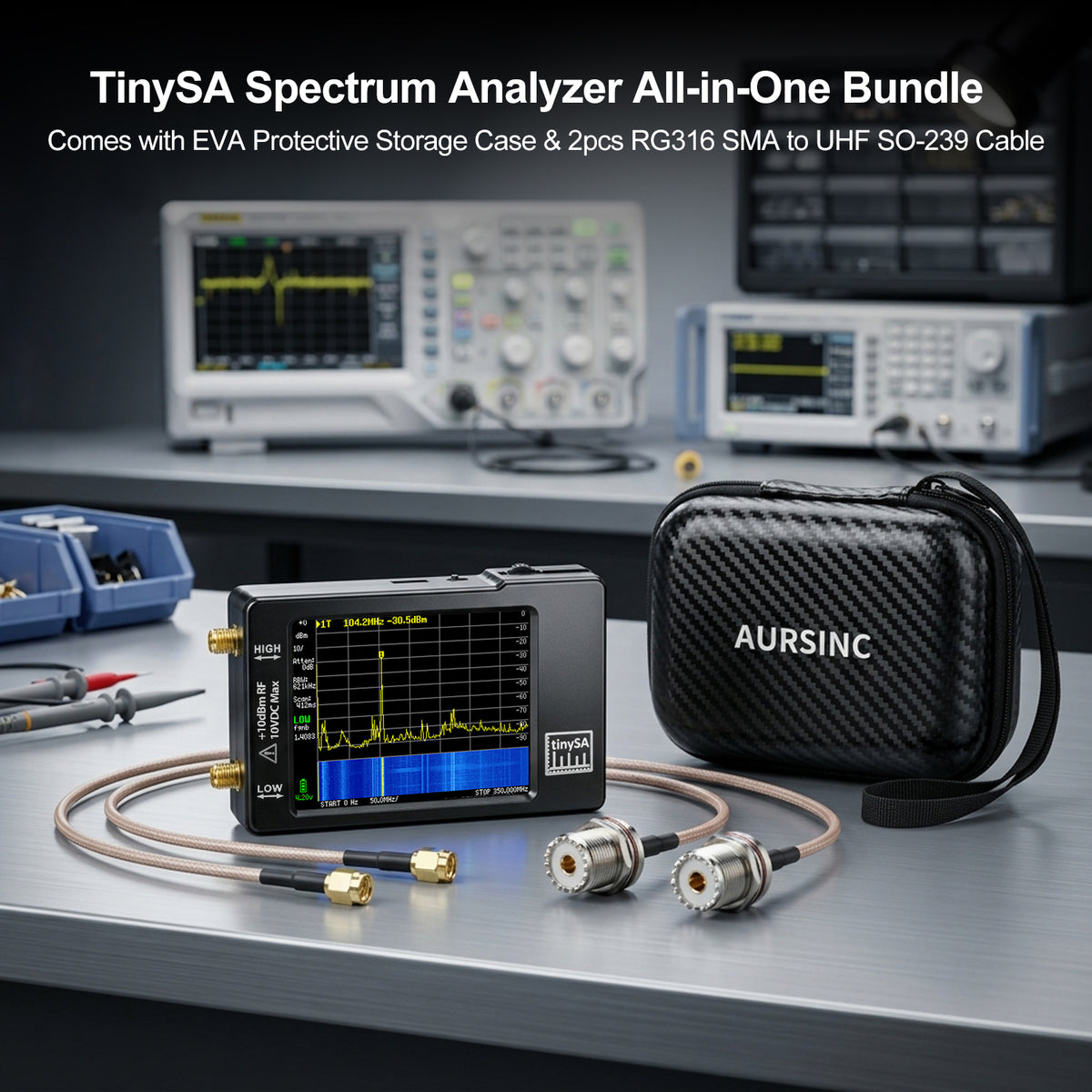 AURSINC TinySA Spectrum Analyzer with with Storage Bag, 2pcs RG316 SMA to UHF Cable, 100kHz‑960MHz Frequency Analyzer