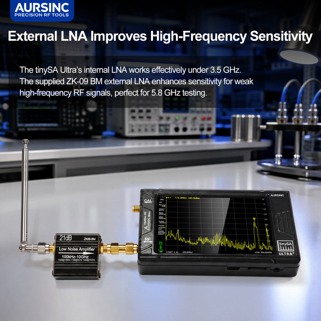 AURSINC TinySA Ultra+ ZS406 Spectrum Analyzer with ZK-09 BM LNA, Enhanced High-Frequency Sensitivity