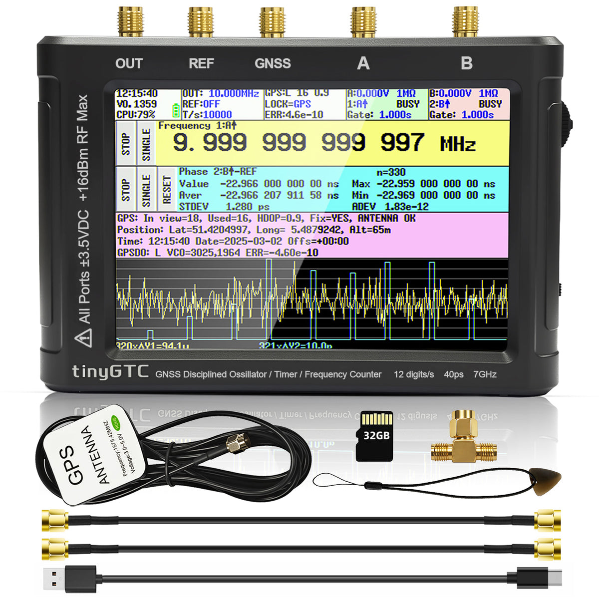 AURSINC TinyGTC ZC407 7GHz Frequency Counter with GPSDO, 40ps Resolution 0.1Hz‑7GHz, 4" Touch Screen, Battery Powered, Dual Clock Output