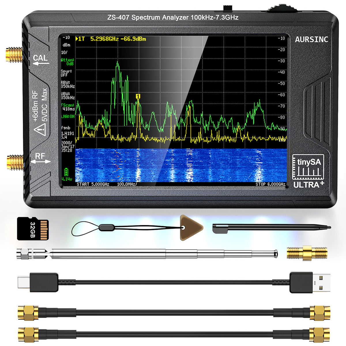 AURSINC Tinysa Ultra+ ZS407 Spectrum Analyzer, 4.0 Inch 100kHz-7.3GHz, 2-in-1 RF Signal Generator 100kHz-900MHz Input