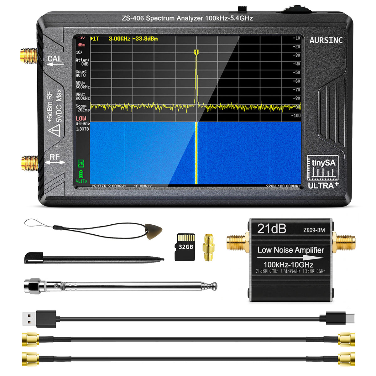 AURSINC TinySA Ultra+ ZS406 Spectrum Analyzer with ZK-09 BM LNA, Enhanced High-Frequency Sensitivity