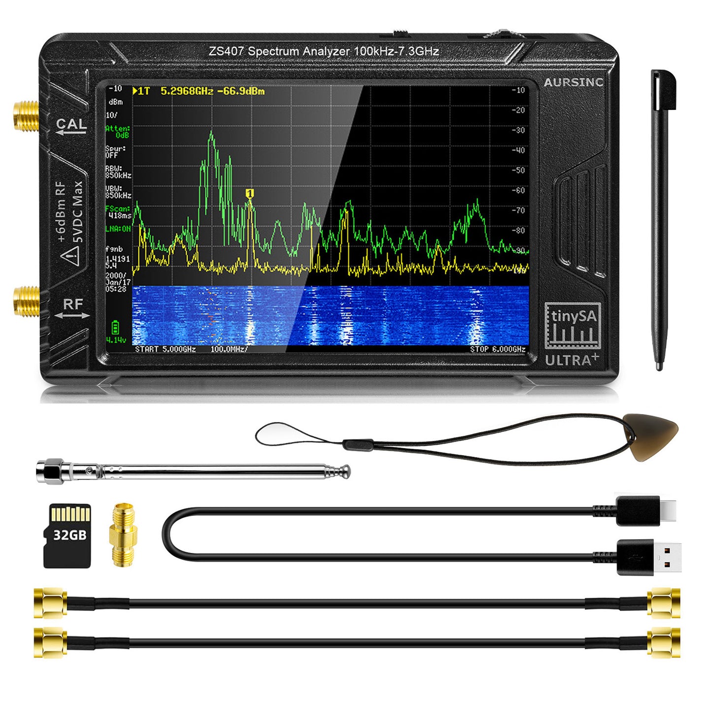 AURSINC 2025 Latest HW V0.5.4 Tinysa Ultra+ ZS407 Spectrum Analyzer, 4.0 Inch 100kHz-7.3GHz Handheld Frequency Analyzer, 2-in-1 Signal Generator 100kHz to 900MHz MF/HF/VHF UHF Input, with 32Gb Card