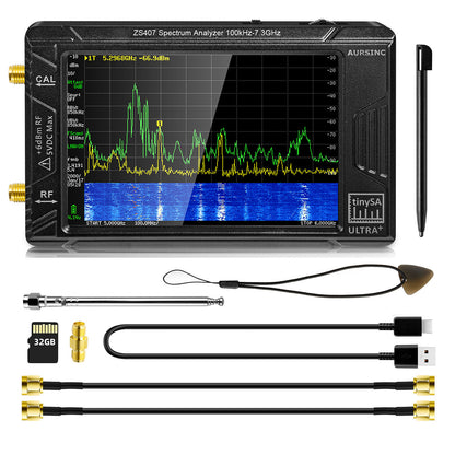 AURSINC 2025 Latest HW V0.5.4 Tinysa Ultra+ ZS407 Spectrum Analyzer, 4.0 Inch 100kHz-7.3GHz Handheld Frequency Analyzer, 2-in-1 Signal Generator 100kHz to 900MHz MF/HF/VHF UHF Input, with 32Gb Card