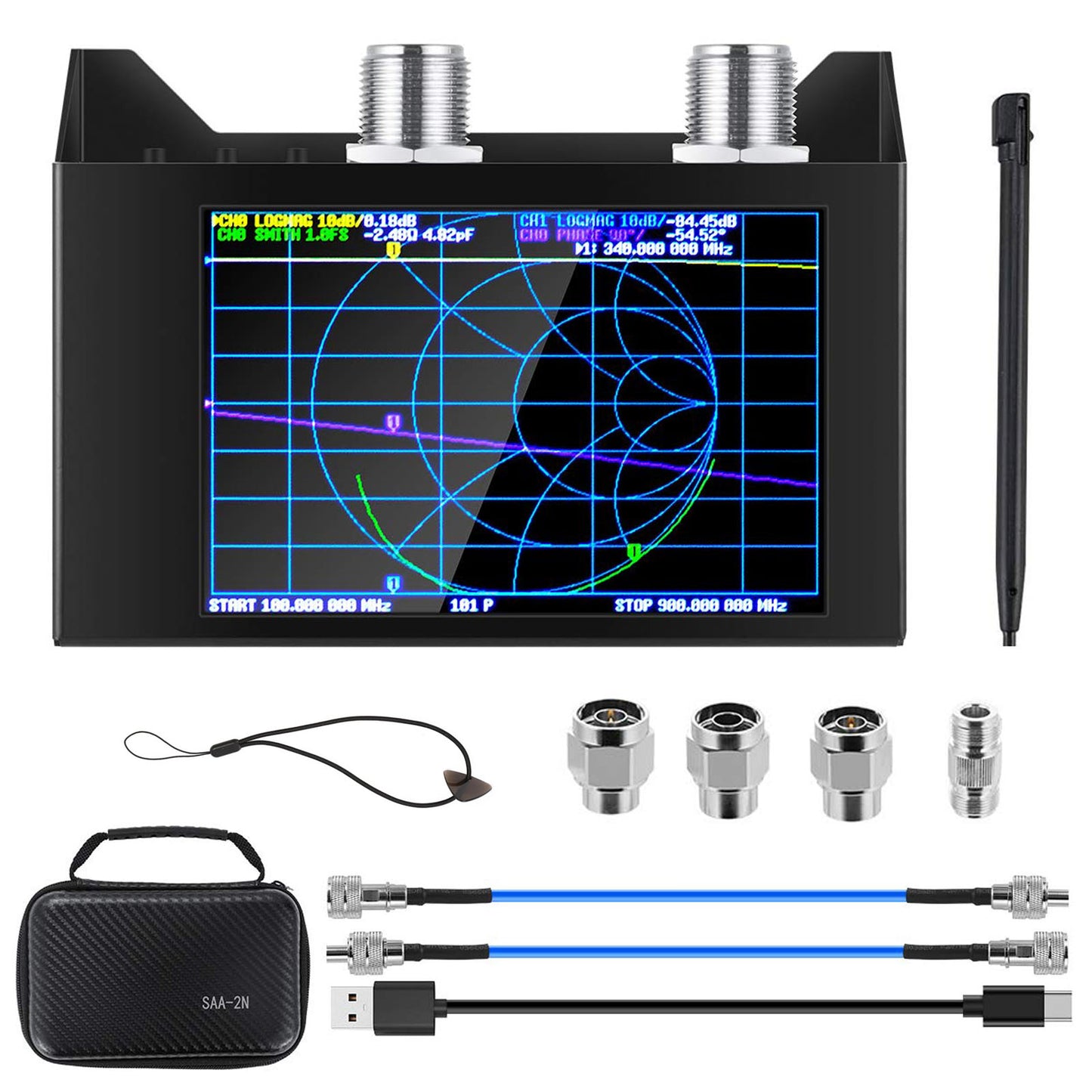 AURSINC NanoVNA SAA-2N V2.2 Vektor-Netzwerkanalysator, 50 kHz – 3 GHz, 4 Zoll Touchscreen, HF, VHF, UHF, VNA-Antennenanalysator, Amateurfunk mit Aufbewahrungstasche, Messung von S-Parametern, Duplexer, VSWR, Phase, Verzögerung 
