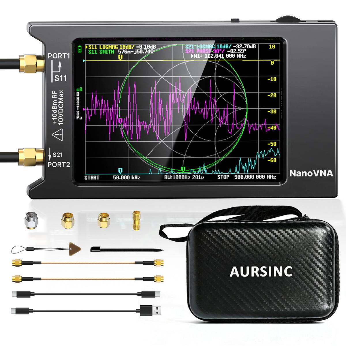 AURSINC NanoVNA H4 Vector Network Analyzer, Lastest V4.4 9kHz-1.5GHz 4" Antenna Analyzer, with EVA Hard Shell Protective Storage Bag for Antenna Analyzer, Shockproof, Waterproof, with Carry Strap