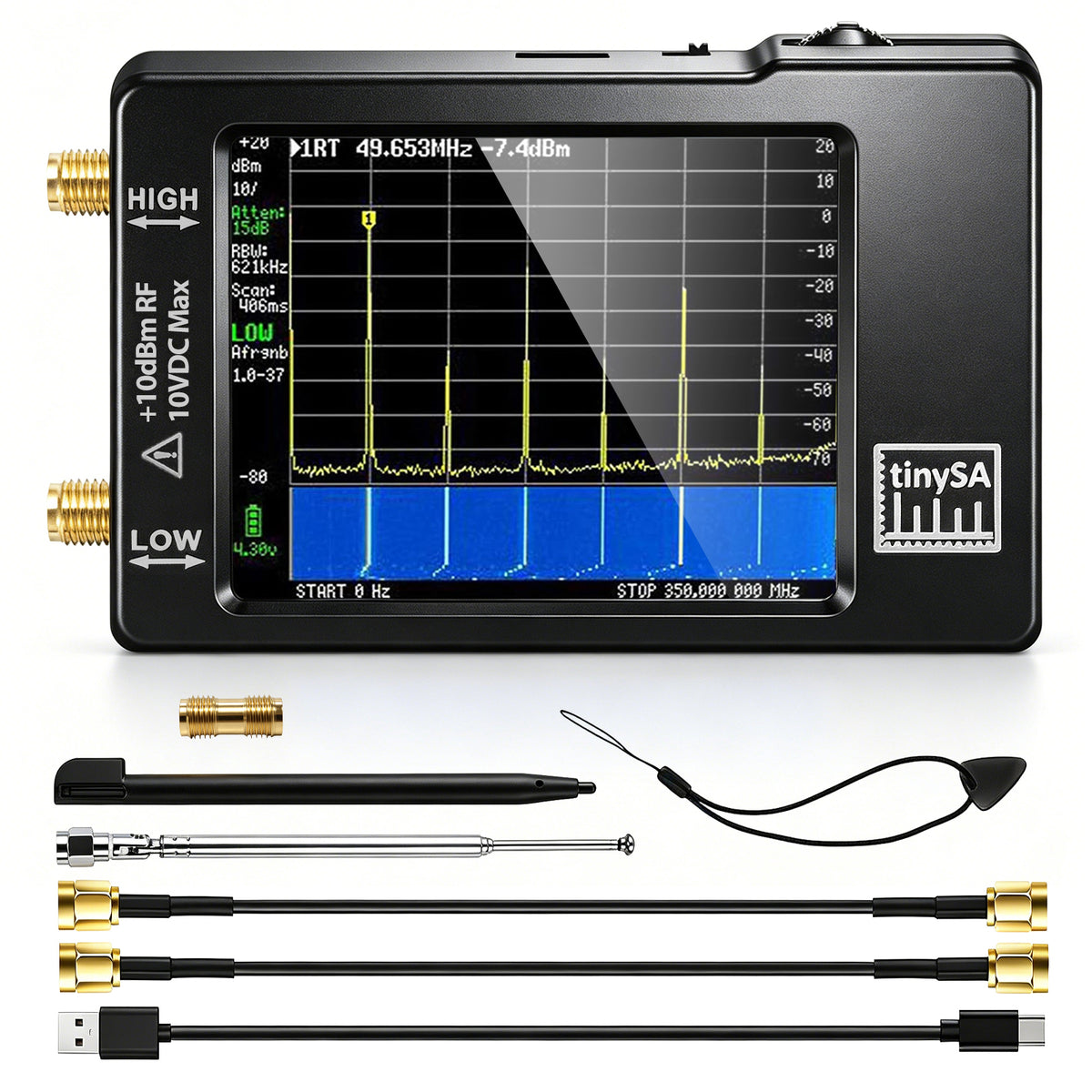 Tragbarer Tinysa-Spektrumanalysator, AURSINC V0.3.1 Handheld-Frequenzanalysator, Signalgenerator 100 kHz bis 960 MHz MF/HF/VHF-UHF-Eingang ESD-geschützte Funktion mit 2,8-Zoll-Touchscreen 