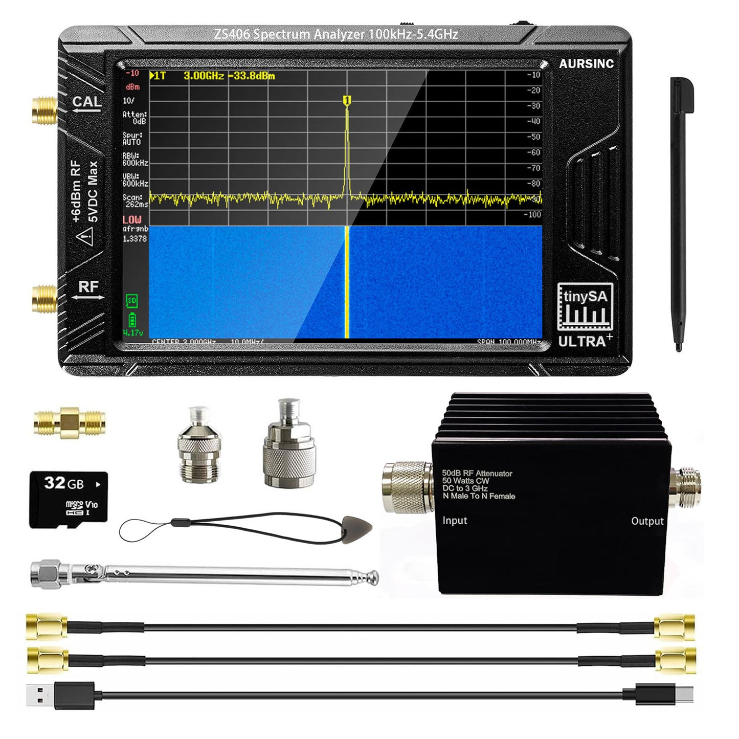AURSINC TinySA Ultra+ ZS406 Spectrum Analyzer with 50w Attenuator, 2025 4inch 100kHz-5.4GHz V0.4.6 Portable Frequency Analyzer with 32Gb Card, 2in1 Signal Generator 100kHz to 900MHz MF/HF/VHF UHF Input