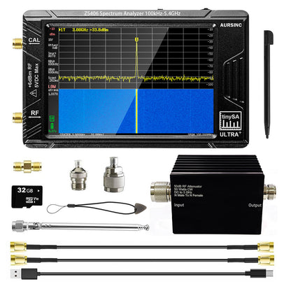 AURSINC TinySA Ultra+ ZS406 Spectrum Analyzer with 50w Attenuator, 2025 4inch 100kHz-5.4GHz V0.4.6 Portable Frequency Analyzer with 32Gb Card, 2in1 Signal Generator 100kHz to 900MHz MF/HF/VHF UHF Input