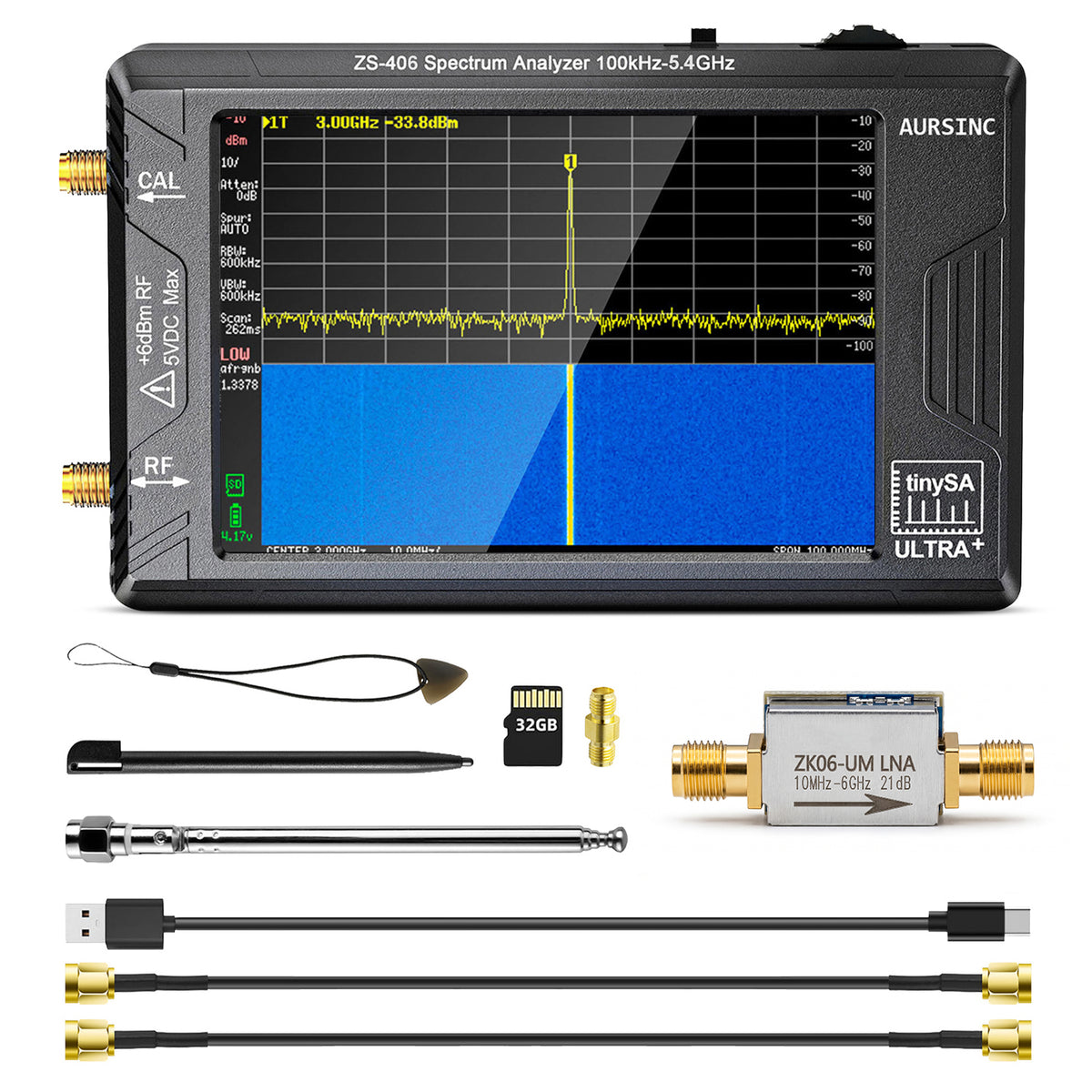 AURSINC TinySA Ultra ZS406 with ZK06-UM LNA Boosts RF Sensitivity, Complete RF Measurement Bundle with Enhanced High-frequency Sensitivity for Wireless Testing and Spectrum Analysis