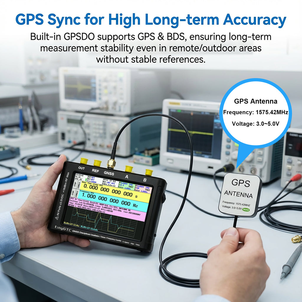 AURSINC TinyGTC ZC407 7GHz Frequency Counter with GPSDO, 40ps Resolution 0.1Hz‑7GHz, 4" Touch Screen, Battery Powered, Dual Clock Output