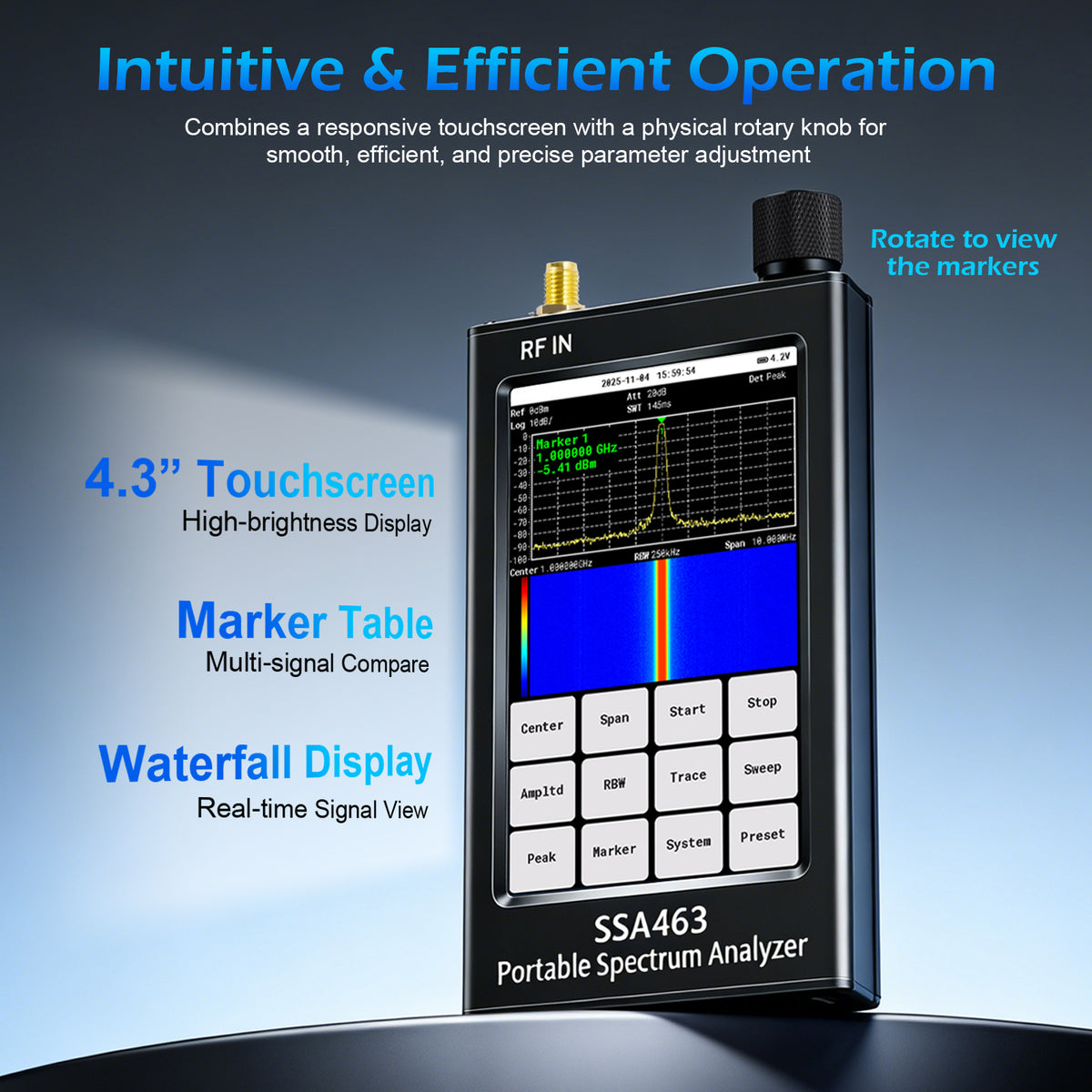 AURSINC SSA463 Portable Spectrum Analyzer, 35MHz-6.3GHz Frequency Analyzer, 4.3" Touchscreen, Built-in 30dB Precision Attenuator