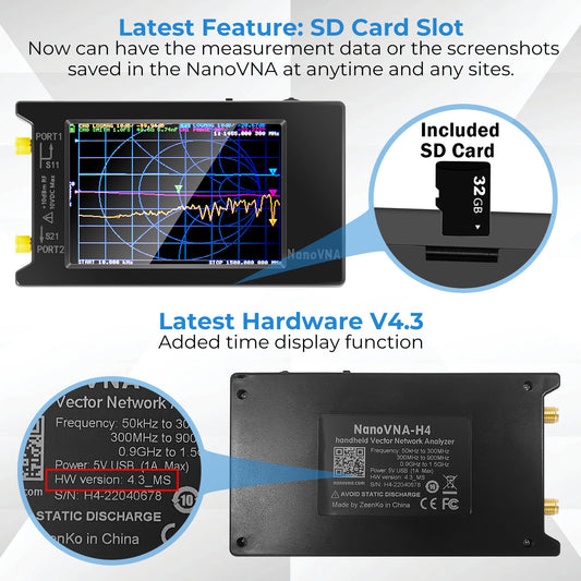 Upgraded NanoVNA-H4 Vector Network Analyzer, AURSINC 10KHz-1.5GHz V4.3 4 inch Nanovna Antenna Analyzer Ham Radio, with 32GB Card HF VHF UHF Measuring S Parameters, SWR, Phase, Delay, Smith Chart