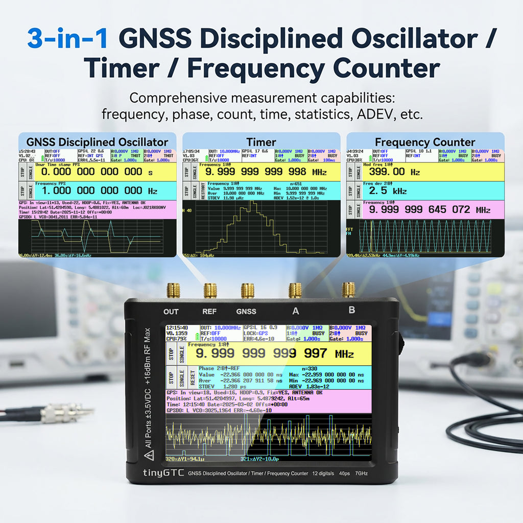 AURSINC TinyGTC ZC407 7GHz Frequency Counter with GPSDO, 40ps Resolution 0.1Hz‑7GHz, 4" Touch Screen, Battery Powered, Dual Clock Output