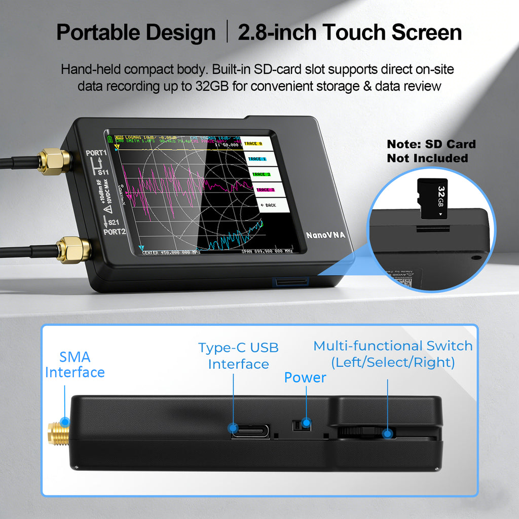 AURSINC NanoVNA‑H Vector Network Analyzer, 9kHz‑1.5GHz with EVA Storage Bag, 2.8" Handheld VNA Antenna Analyzer