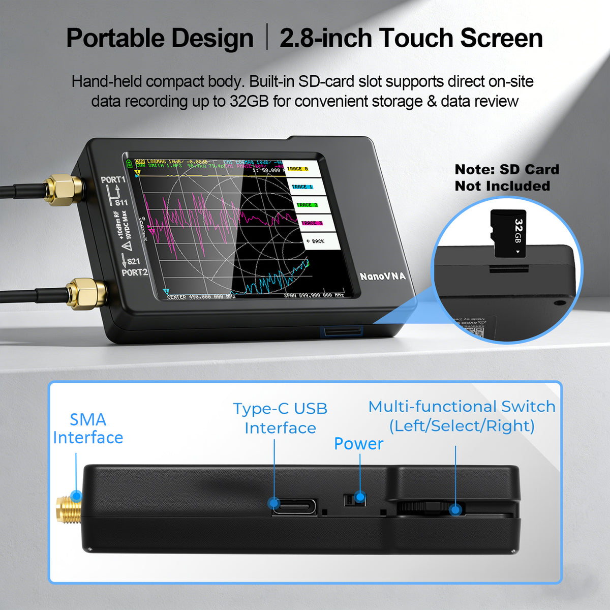 AURSINC NanoVNA‑H Vector Network Analyzer, 9kHz‑1.5GHz with EVA Storage Bag, 2.8" Handheld VNA Antenna Analyzer, Measure S‑params, SWR, Smith Chart for Ham Radio Antenna Tuning & RF Circuit Debugging