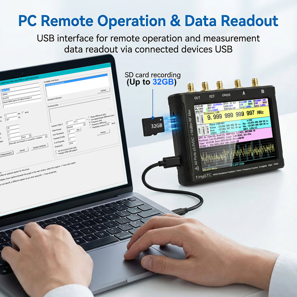 AURSINC TinyGTC ZC407 7GHz Frequency Counter with GPSDO, 40ps Resolution 0.1Hz‑7GHz, 4" Touch Screen, Battery Powered, Dual Clock Output