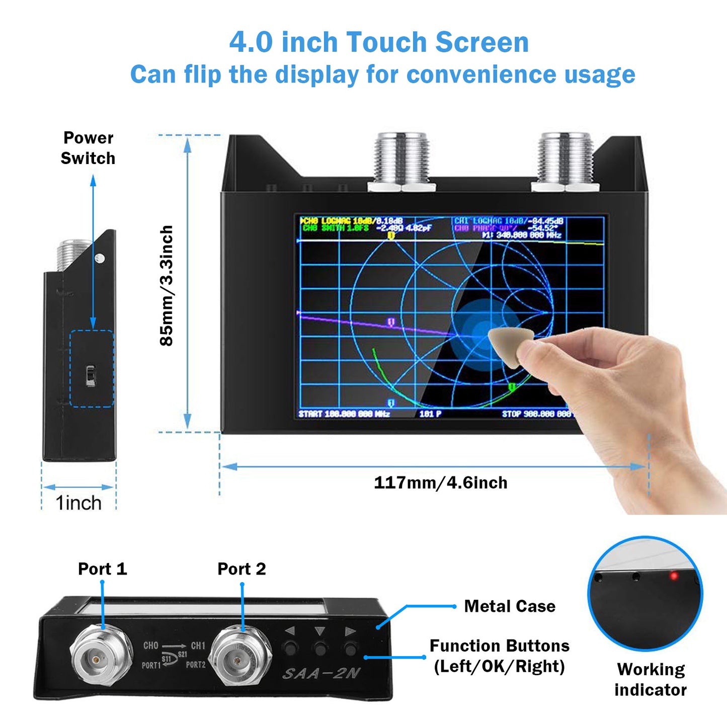 AURSINC NanoVNA SAA-2N V2.2 Vektor-Netzwerkanalysator, 50 kHz – 3 GHz, 4 Zoll Touchscreen, HF, VHF, UHF, VNA-Antennenanalysator, Amateurfunk mit Aufbewahrungstasche, Messung von S-Parametern, Duplexer, VSWR, Phase, Verzögerung 