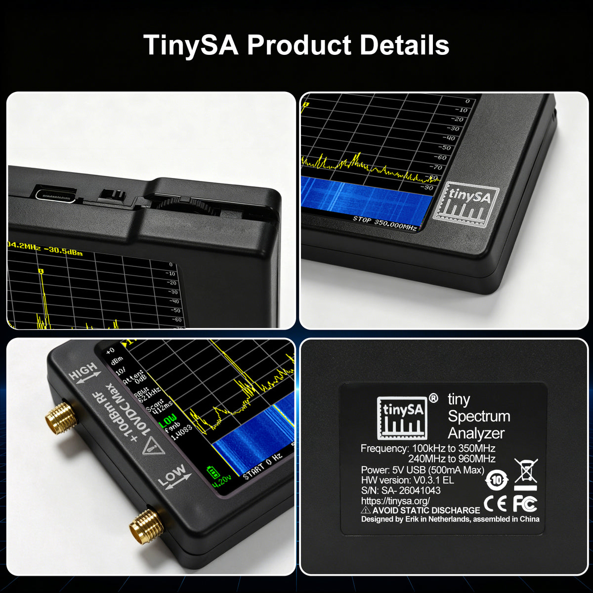 AURSINC TinySA Spectrum Analyzer with with Storage Bag, 2pcs RG316 SMA to UHF Cable, 100kHz‑960MHz Frequency Analyzer