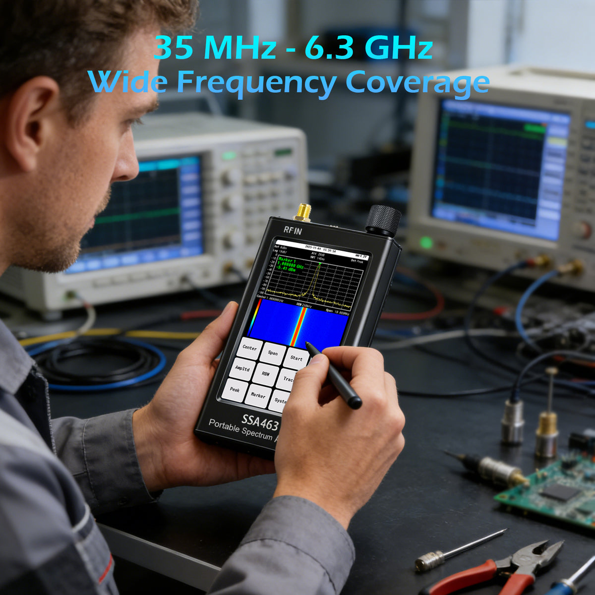 AURSINC SSA463 Portable Spectrum Analyzer, 35MHz-6.3GHz Frequency Analyzer, 4.3" Touchscreen, Built-in 30dB Precision Attenuator