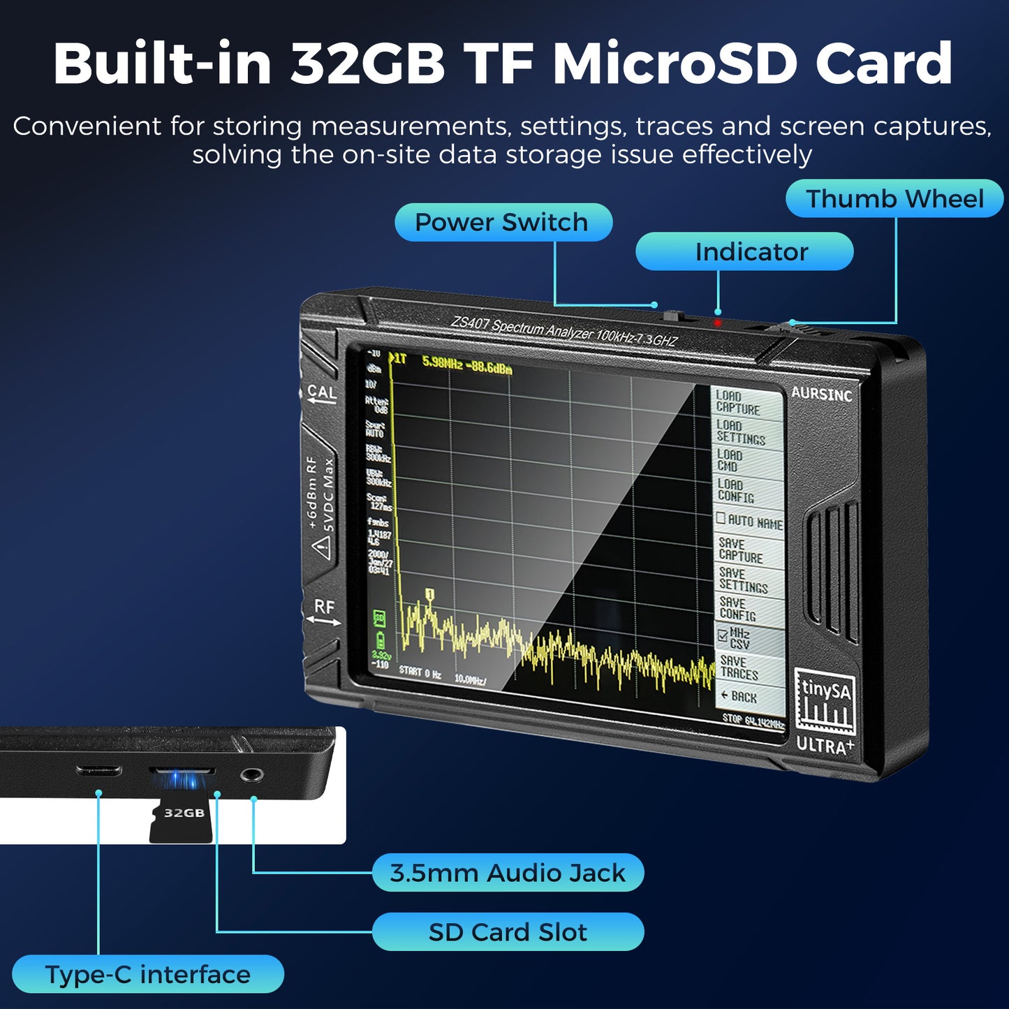 AURSINC 2025 Latest HW V0.5.4 Tinysa Ultra+ ZS407 Spectrum Analyzer, 4.0 Inch 100kHz-7.3GHz Handheld Frequency Analyzer, 2-in-1 Signal Generator 100kHz to 900MHz MF/HF/VHF UHF Input, with 32Gb Card