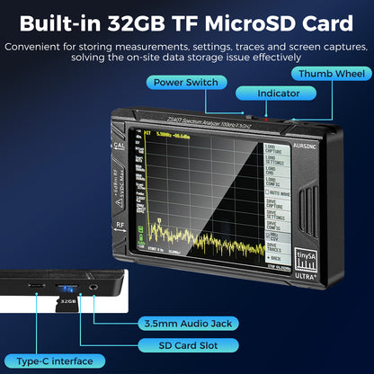 AURSINC 2025 Latest HW V0.5.4 Tinysa Ultra+ ZS407 Spectrum Analyzer, 4.0 Inch 100kHz-7.3GHz Handheld Frequency Analyzer, 2-in-1 Signal Generator 100kHz to 900MHz MF/HF/VHF UHF Input, with 32Gb Card