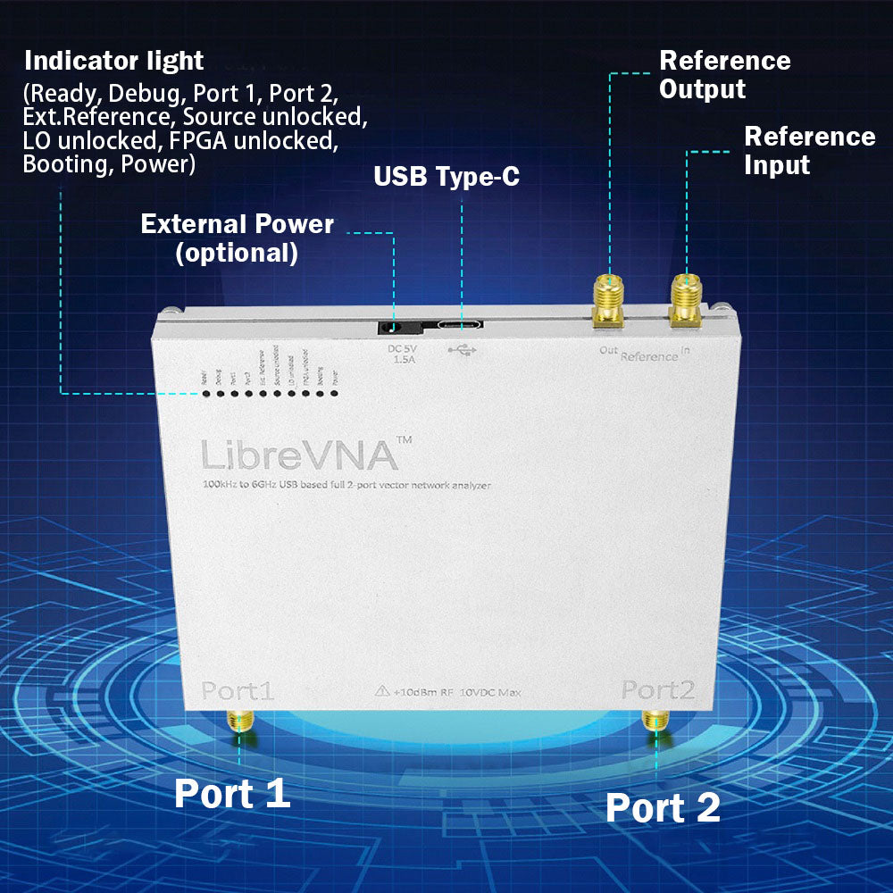 AURSINC LibreVNA NanoVNA Vektor-Netzwerkanalysator, verbesserter professioneller Antennenanalysator 100 kHz – 6 GHz zur Messung aller S-Parameter mit externem Referenzeingang/-ausgang, USB-basierte vollständige 2-Port-Schnittstelle 