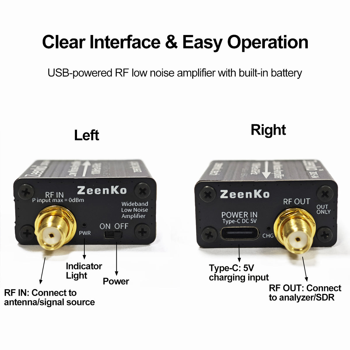 AURSINC ZK05-BM Low Noise Amplifier 100kHz-6GHz, 24dB Gain, Built-in Battery with Type-C for TinySA Ultra & SDR