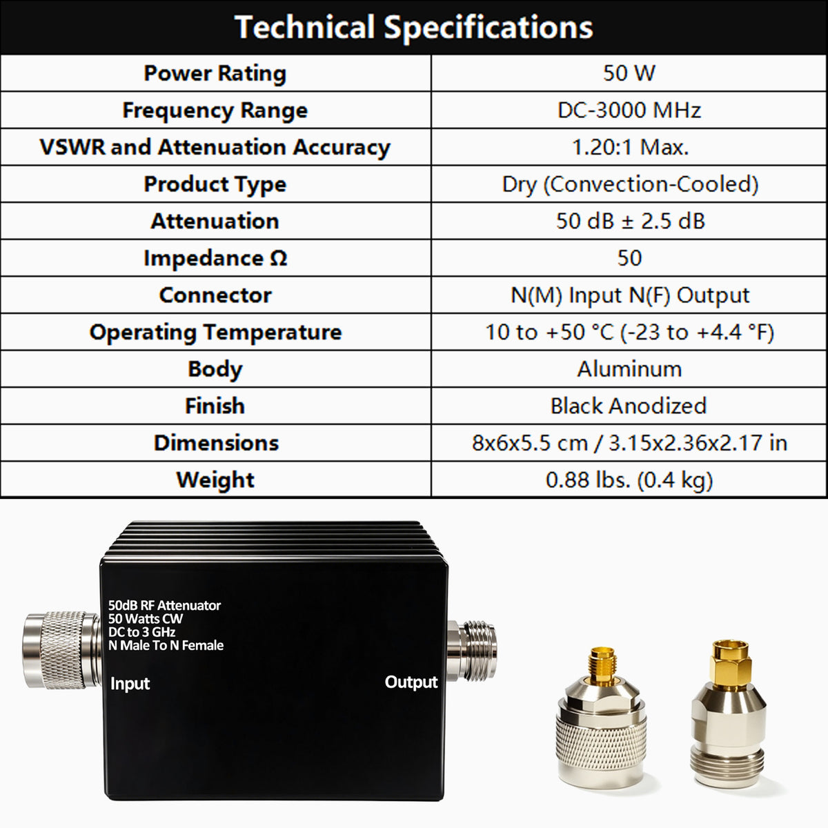 AURSINC 50W RF Attenuator DC-3GHz N-M/F 50dB Attenuation with SMA Adapters N Male to Female Fixed Attenuator kit for Tinysa Ultra Spectrum Analyzer Antennas & Test Equipment, Aluminum Alloy Heat Sink
