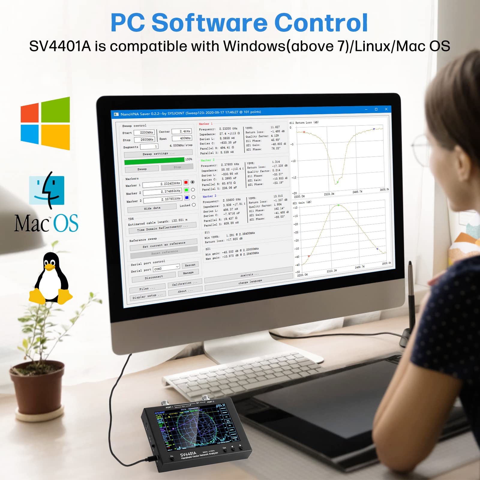 AURSINC 7in NanoVNA SV4401A Vector Network Analyzer 50KHz-4.4GHz Anten