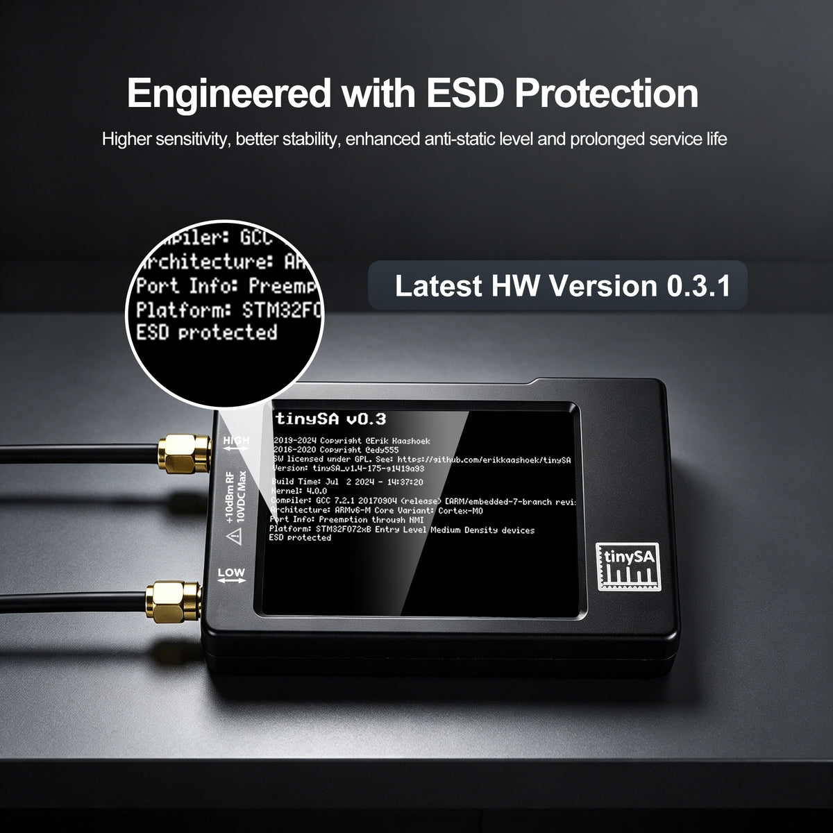 AURSINC Portable TinySA Spectrum Analyzer with EVA Protective Storage Case, 2.8‑inch Display, 100kHz‑960MHz Frequency Range