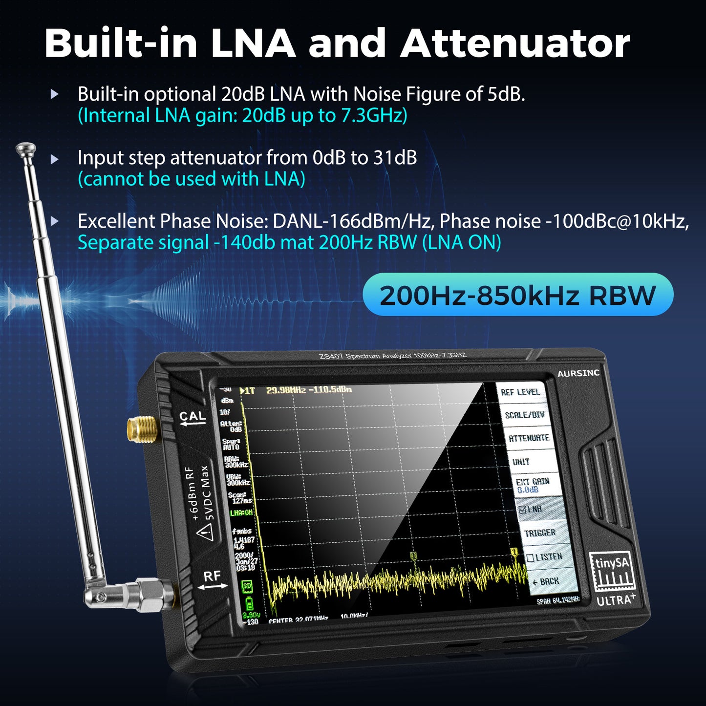 AURSINC 2025 Latest HW V0.5.4 Tinysa Ultra+ ZS407 Spectrum Analyzer, 4.0 Inch 100kHz-7.3GHz Handheld Frequency Analyzer, 2-in-1 Signal Generator 100kHz to 900MHz MF/HF/VHF UHF Input, with 32Gb Card
