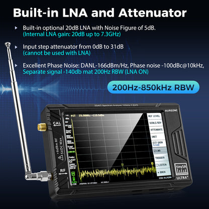 AURSINC 2025 Latest HW V0.5.4 Tinysa Ultra+ ZS407 Spectrum Analyzer, 4.0 Inch 100kHz-7.3GHz Handheld Frequency Analyzer, 2-in-1 Signal Generator 100kHz to 900MHz MF/HF/VHF UHF Input, with 32Gb Card