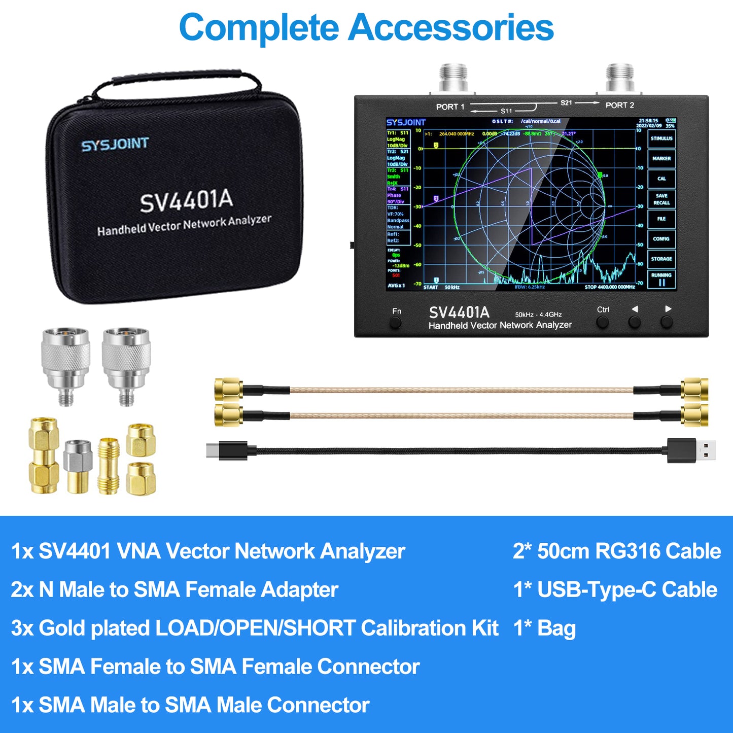 AURSINC 7inch NanoVNA SV4401A Vector Network Analyzer, 50KHz-4.4GHz Antenna Analyzer with 6700mAh Battery 8GB Storage Measuring S Parameters, Voltage Standing Wave Ratio, Phase, Delay, Smith Chart
