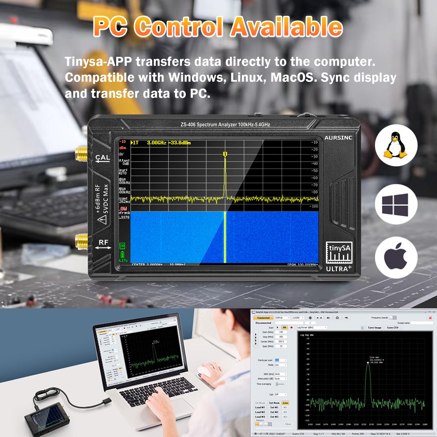 AURSINC 2025 Upgraded TinySA Ultra+ ZS406 Spectrum Analyzer, 4.0 Inch 100kHz-5.4GHz HW V0.4.6 Handheld Frequency Analyzer with 32Gb Card, 2-in-1 Signal Generator 100kHz to 900MHz MF/HF/VHF UHF Input