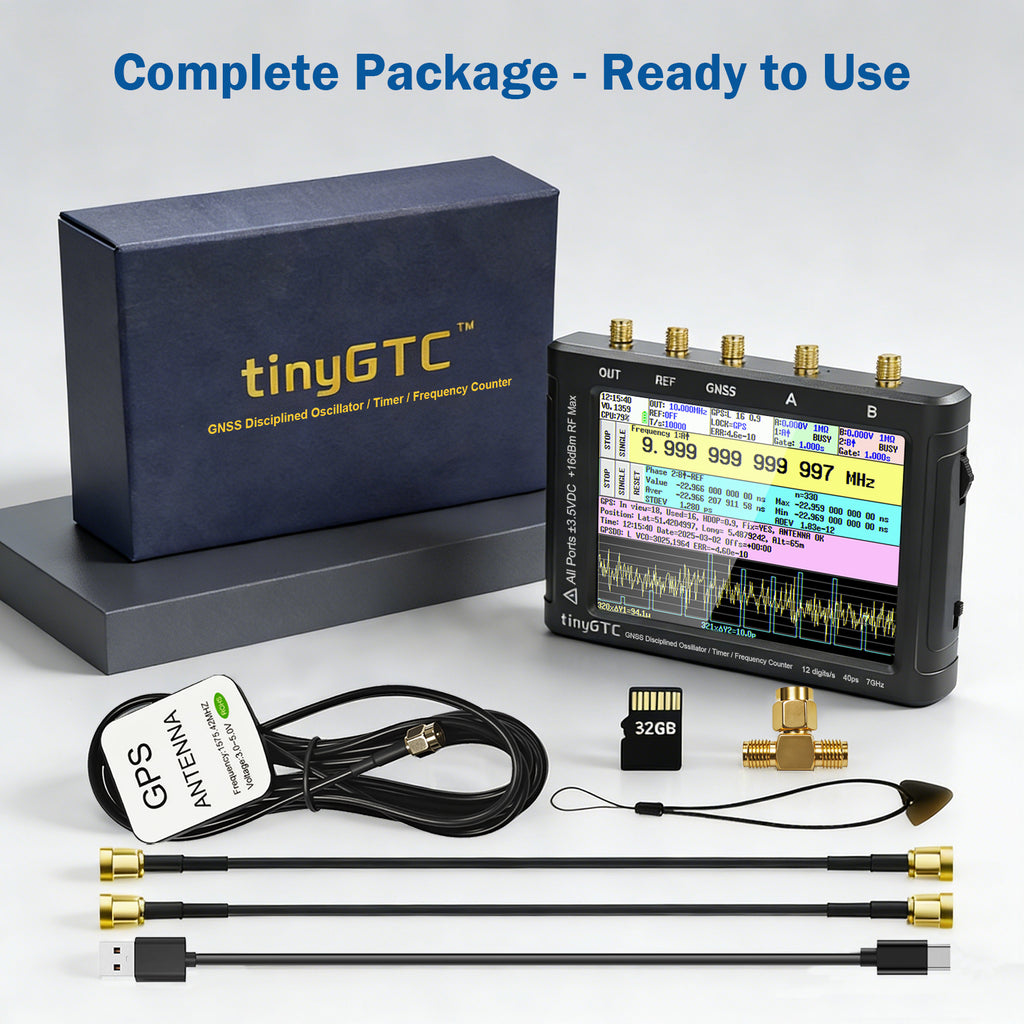 AURSINC TinyGTC ZC407 7GHz Frequency Counter with GPSDO, 40ps Resolution 0.1Hz‑7GHz, 4" Touch Screen, Battery Powered, Dual Clock Output