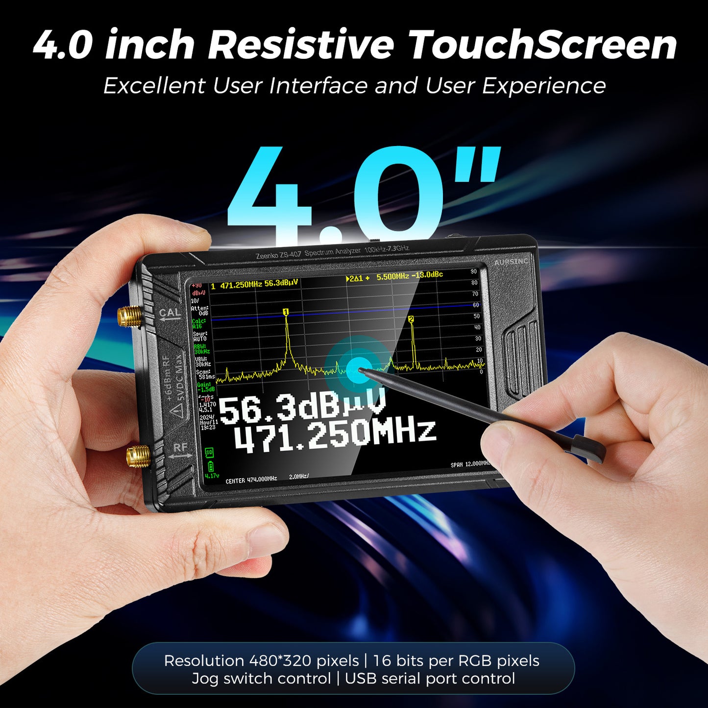 AURSINC 2025 Latest HW V0.5.4 Tinysa Ultra+ ZS407 Spectrum Analyzer, 4.0 Inch 100kHz-7.3GHz Handheld Frequency Analyzer, 2-in-1 Signal Generator 100kHz to 900MHz MF/HF/VHF UHF Input, with 32Gb Card