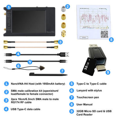 AURSINC NanoVNA-H4 Vector Network Analyzer with 32GB Card, Latest V4.4 9KHz-1.5GHz 4" Touchscreen Nano VNA Antenna Analyzer Ham Radio, HF VHF UHF Measuring S Parameters, SWR, Phase, Delay, Smith Chart