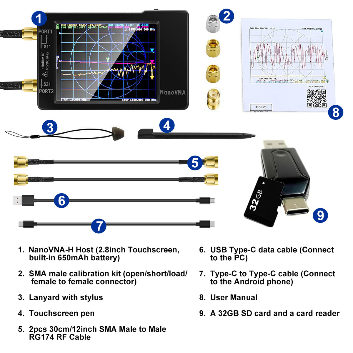 AURSINC NanoVNA-H Vector Network Analyzer Latest HW Version 3.7, 9KHz -1.5GHz Antenna Analyzer with 32GB SD Card Support Data Storage