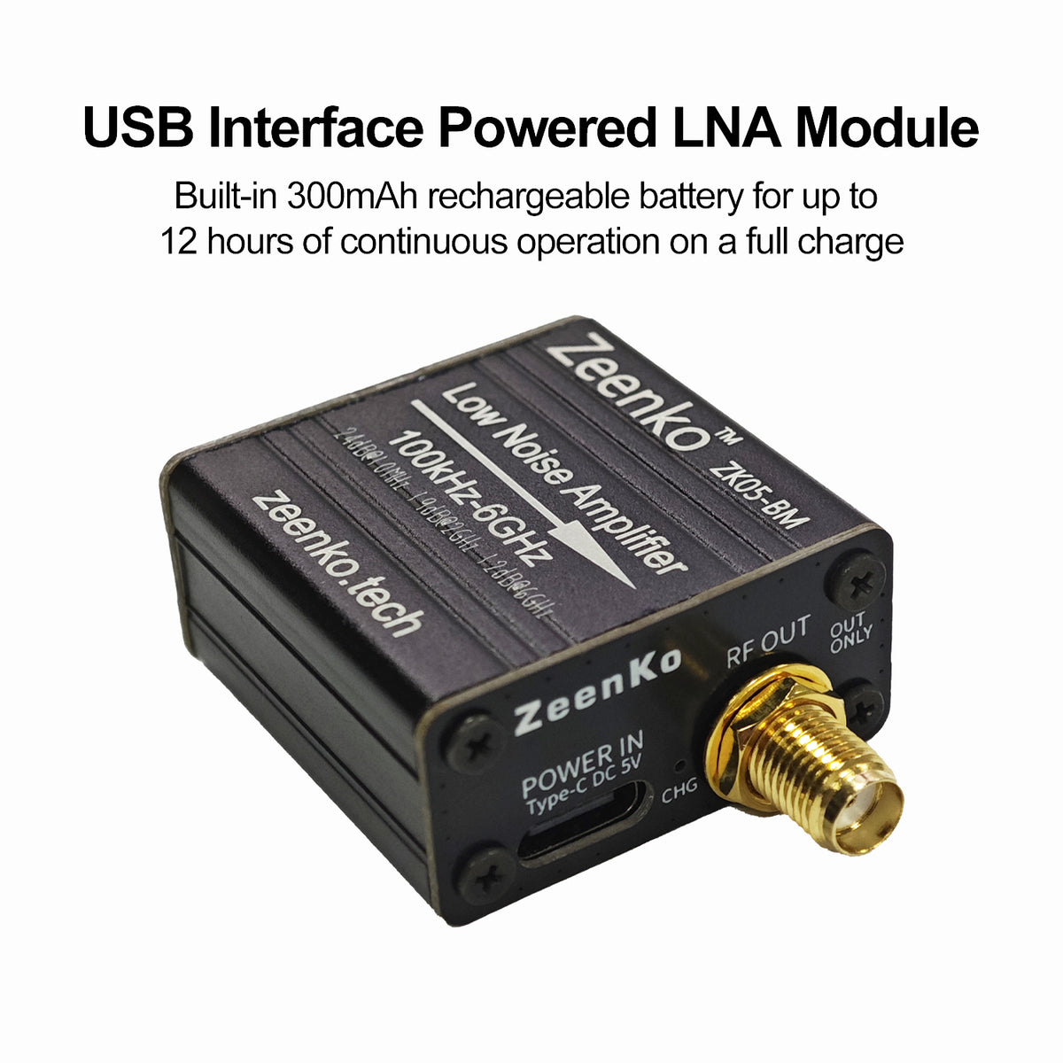 AURSINC ZK05-BM Low Noise Amplifier 100kHz-6GHz, 24dB Gain, Built-in Battery with Type-C for TinySA Ultra & SDR