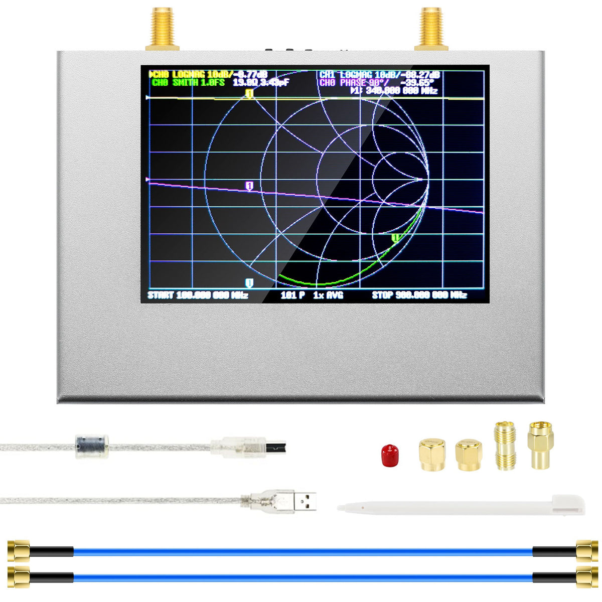 Verbesserter AURSINC NanoVNA V2 PLUS4 Vektor-Netzwerkanalysator, 4-Zoll-Touchscreen, 50 kHz – 4,4 GHz HF VHF UHF-Antennenanalysator zur Messung von S-Parametern, SWR, Phase, Verzögerung, Smith-Diagramm mit 3200 mAh-Akku 
