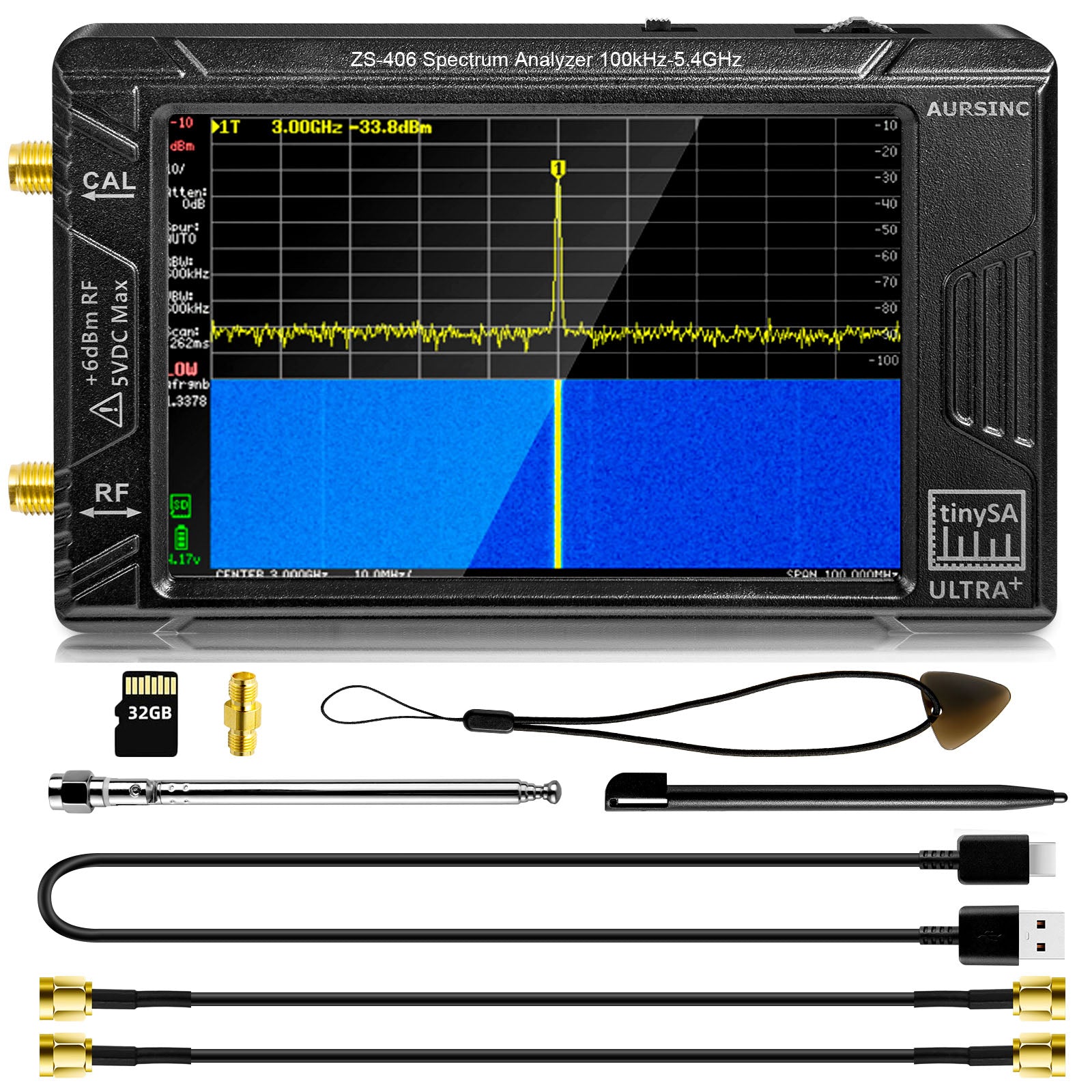 AURSINC TinySA Ultra+ ZS406 Spectrum Analyzer, 4.0 Inch 100kHz-5.4GHz