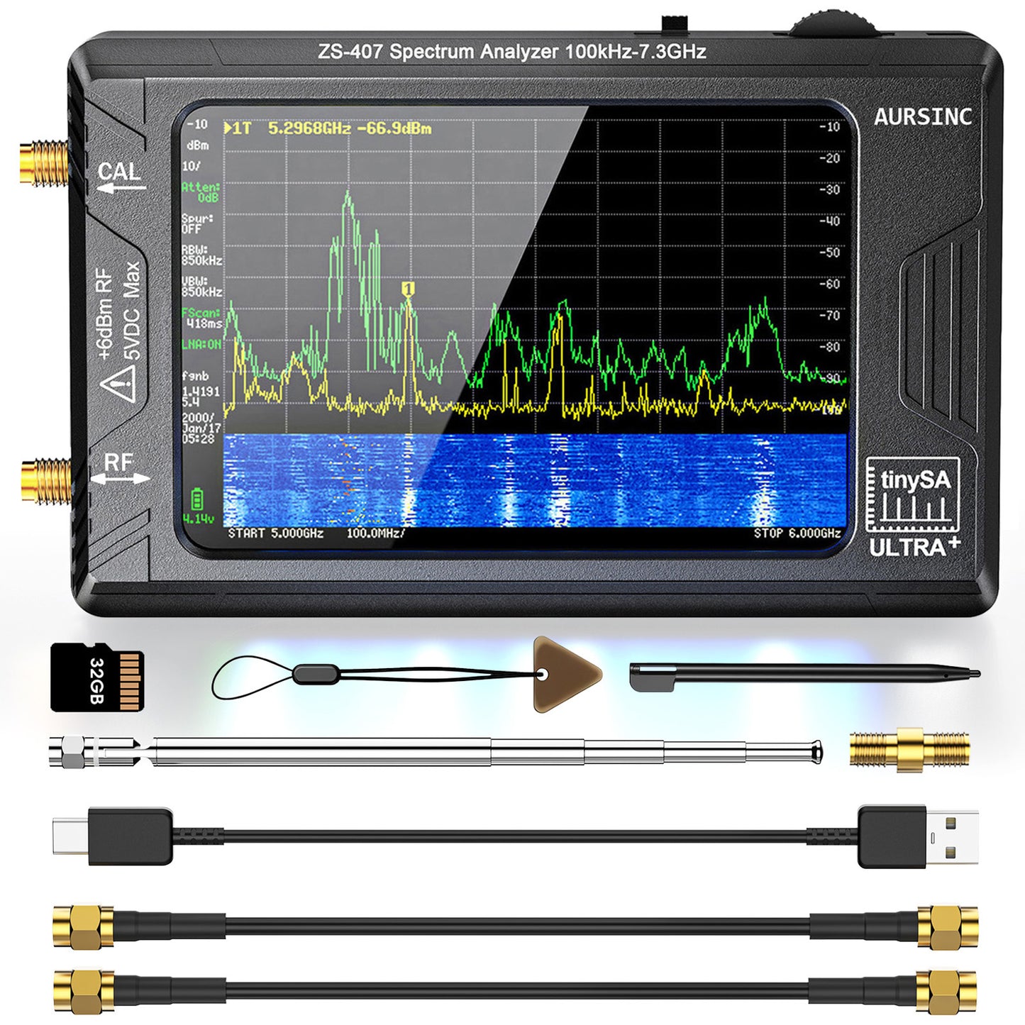 AURSINC Tinysa Ultra+ ZS407 Spectrum Analyzer, 4.0 Inch 100kHz-7.3GHz Tinysa Handheld Frequency Analyzer, 2-in-1 RF Signal Generator 100kHz to 900MHz MF/HF/VHF UHF Input, HW V0.5.4 2025 Upgraded