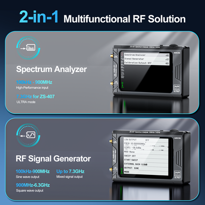 AURSINC Tinysa Ultra+ ZS407 Spectrum Analyzer, 4.0 Inch 100kHz-7.3GHz Tinysa Handheld Frequency Analyzer, 2-in-1 RF Signal Generator 100kHz to 900MHz MF/HF/VHF UHF Input, HW V0.5.4 2025 Upgraded