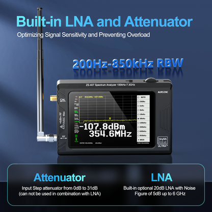 AURSINC Tinysa Ultra+ ZS407 Spectrum Analyzer, 4.0 Inch 100kHz-7.3GHz Tinysa Handheld Frequency Analyzer, 2-in-1 RF Signal Generator 100kHz to 900MHz MF/HF/VHF UHF Input, HW V0.5.4 2025 Upgraded